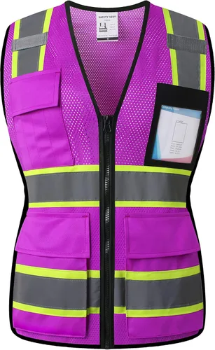 Vista 16 de Chaleco de seguridad para mujer, chaleco de alta visibilidad con 8 bolsillos y cremallera frontal, chaleco reflectante de malla que cumple