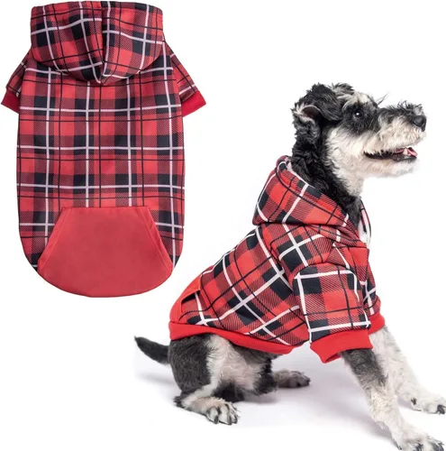 Vista 20 de EXPAWLORER Sudadera con capucha para perro a cuadros, estilo británico, suéter cálido para perro con agujero para correa, ropa de pitbull, ropa