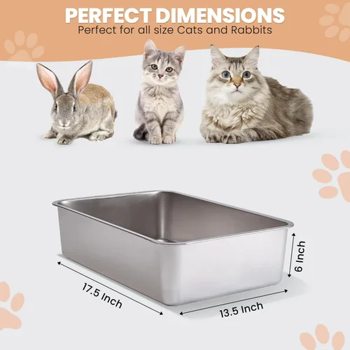 Vista 3 de Caja de arena para gatos de acero inoxidable con lados altos, nunca absorbe olores, manchas ni se oxida, superficie lisa antiadherente para gatos