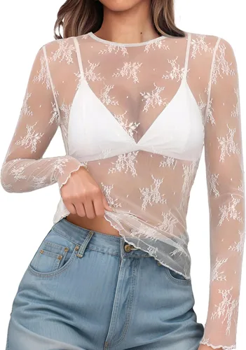 Vista 10 de OFEEFAN - Blusas de malla para mujer con manga larga y encaje, camisetas de cuello redondo ajustadas y transparentes Champán