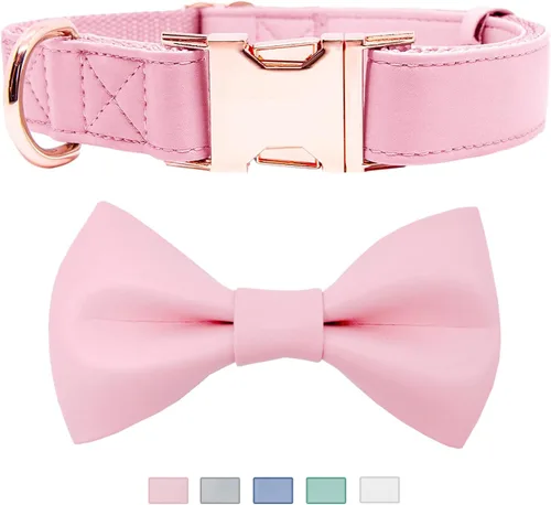 Vista 10 de Collar de cuero suave para perro, ajustable, lindo collar de pajarita [fácil de limpiar] con elegante hebilla de metal resistente de oro rosa