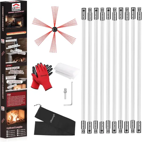 Vista 10 de Kit de limpieza de chimenea de 16 pies, kit de limpieza de chimenea con 5 varillas de chimenea flexibles, sistema de limpieza de chimenea giratorio