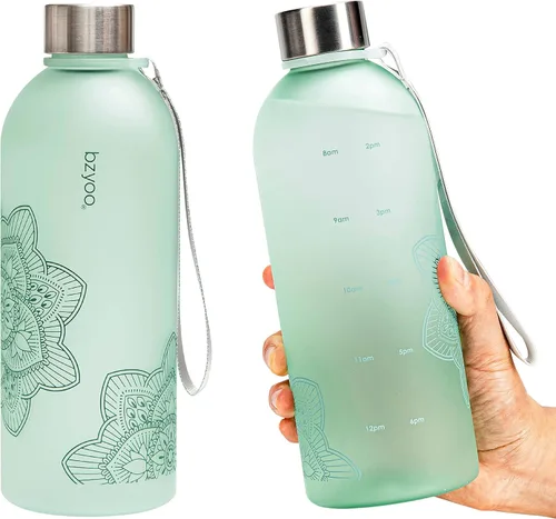 Vista 15 de bzyoo - Botella de agua de 32 onzas / 1 litro con marcador de tiempo, diseño de diente de león, plástico duradero, sin BPA, reutilizable con marcas