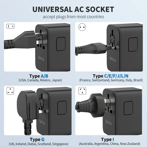 Vista 5 de EPICKA Adaptador de viaje universal, adaptador de enchufe internacional GaN con 3 USB-C de carga rápida PD de 70W y 2 USB-A todo en uno cargador