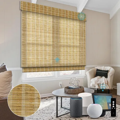 Vista 27 de SmartWings Persianas motorizadas de madera natural tejida para ventanas, persianas romanas eléctricas con control remoto para puertas correderas