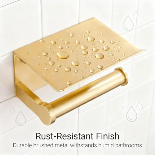 Vista 3 de Youda - Soporte de papel higiénico dorado con soporte de pared para estante, autoadhesivo o montaje con tornillo, aluminio inoxidable, se adapta a