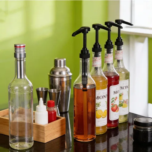 Vista 7 de 4 botellas de jarabe con bomba, botellas transparentes de cuello largo de 25 onzas / 25.4 fl oz, dispensador de bomba de jarabe de plástico