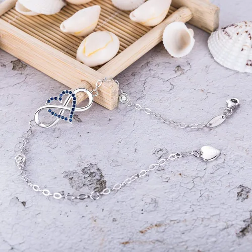 Vista 4 de BlingGem Pulsera para mujer de plata de ley 925 Something Blue Gemstone rosa, circonita cúbica, corazón infinito, pulsera de aniversario, boda