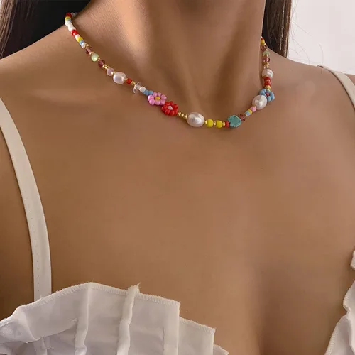 Vista 4 de Colorful Beaded Necklace for Women Beaded Pearl Choker Necklace for Teen Girls Stainless Steel 14K Gold Plated Necklace Y2K Trendy Pearl Necklace