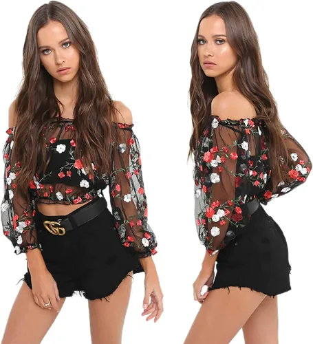 Vista 2 de RARITYUS Mujeres Sexy Floral Bordado Mesh T-Shirt Tulle Manga Corta Ver a través de Crop Tops