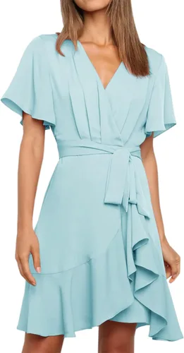 Vista 4 de Soulomelody Vestido cruzado con cuello en V para mujer manga corta cintura alta con lazo cintura alta con volantes volantes con cinturón