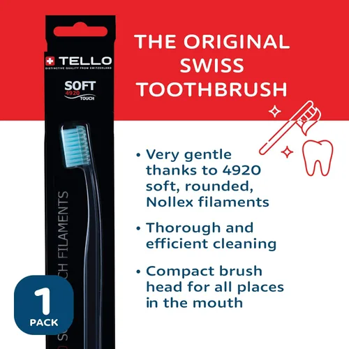 Vista 3 de TELLO 4920 Cepillo de dientes suizo suave para adultos para limpieza suave con mango ergonómico, 1 unidad
