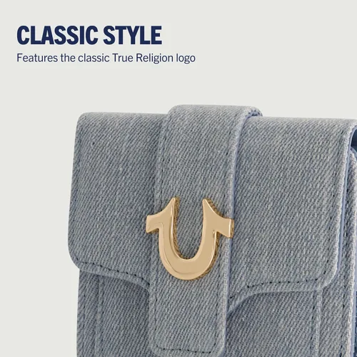 Vista 3 de True Religion Women's Mini Wallet, Horseshoe Logo Small Compact Trifold Clutch Purse Mezclilla clara