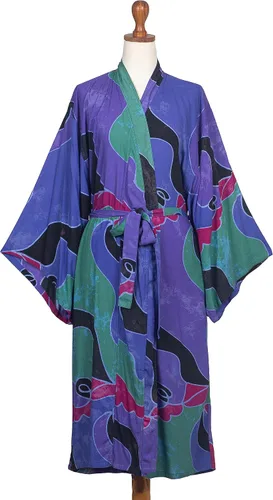 Vista 4 de NOVICA Purple Batik - Bata larga para mujer, turquesa océano (talla única), Púrpura, multicolor
