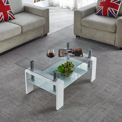 Vista 5 de Mesa de centro con protectores de esquina de seguridad, mesa de centro de vidrio, mesa central de vidrio de 2 niveles con estante de vidrio