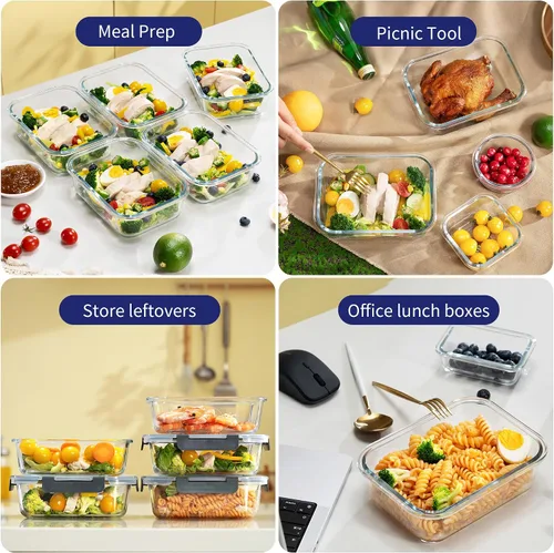 Vista 7 de MFY Paquete de 5 recipientes de almacenamiento de vidrio de 36 onzas con tapas, juego de 2 compartimentos para preparación de comidas, recipientes