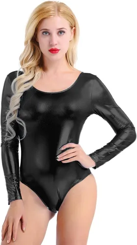 Vista 3 de FEESHOW Maillot de gimnasia de manga larga brillante metálico para mujer Negro