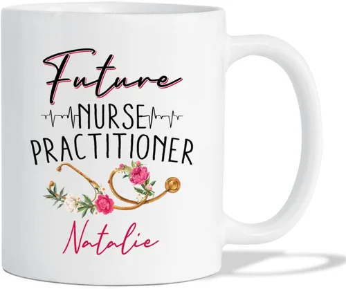Vista 10 de Taza personalizada para enfermera practicante, 11 oz y 15 onzas, cerámica blanca, mango en C, nombre personalizado, regalo de jubilación NP