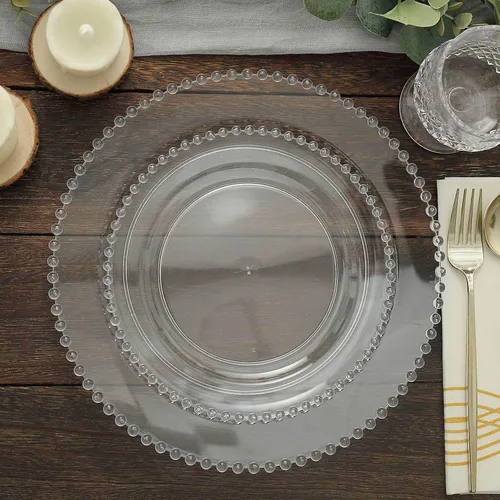 Vista 24 de Efavormart - Paquete de 10 platos de postre de plástico transparente rubor con borde de cuentas, platos redondos desechables para ensalada, 8