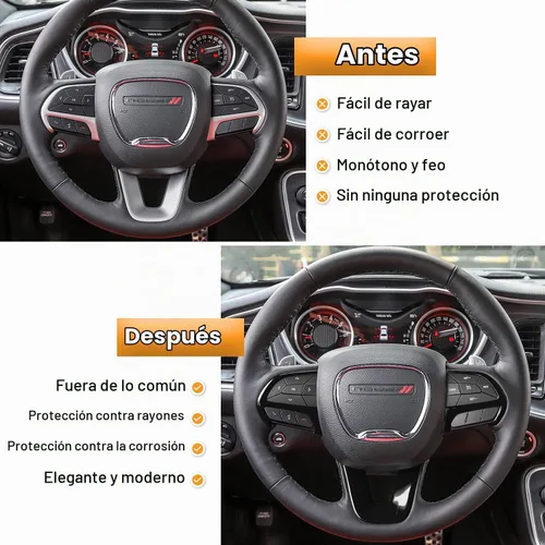 Vista 4 de Kit de decoración de accesorios interiores para cubierta de volante para Dodge Challenger Charger 2015-2024, para Dodge Durango y Jeep Grand Negro