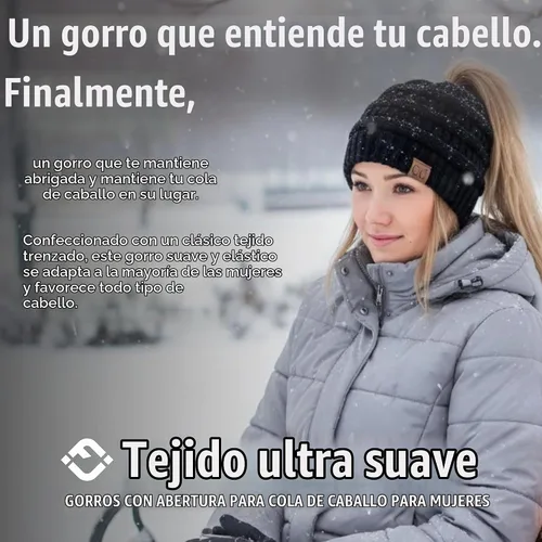 Vista 3 de Funky Junque Gorro de Cola de Caballo para Mujeres - Gorro de Invierno Ponyback Suave Elástico de Punto Trenzado Cola Alta Gorros para Correr