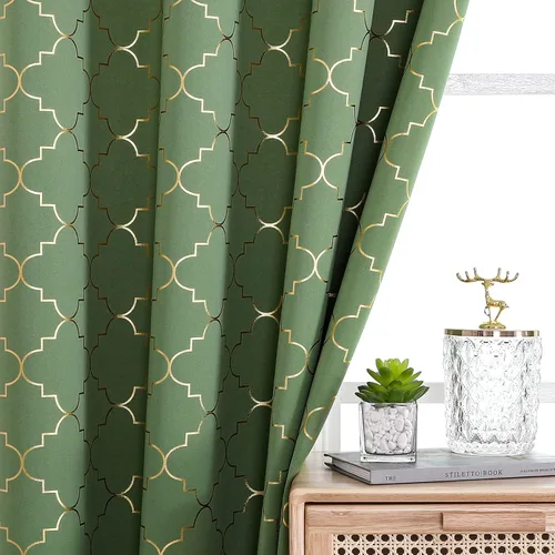 Vista 13 de Enactex, cortinas 100% opacas de 63 pulgadas de largo, cortinas beige con aislamiento térmico con patrón geométrico plateado metálico, cortinas