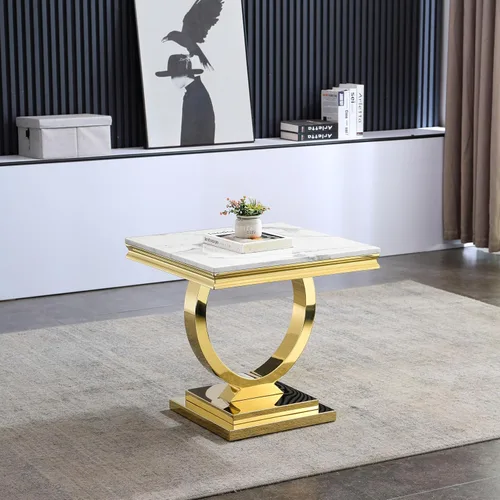 Vista 8 de Mesa auxiliar moderna de mármol sintético, mesa auxiliar de mármol sintético con marco geométrico, mesa central rectangular de mármol, mesa de té