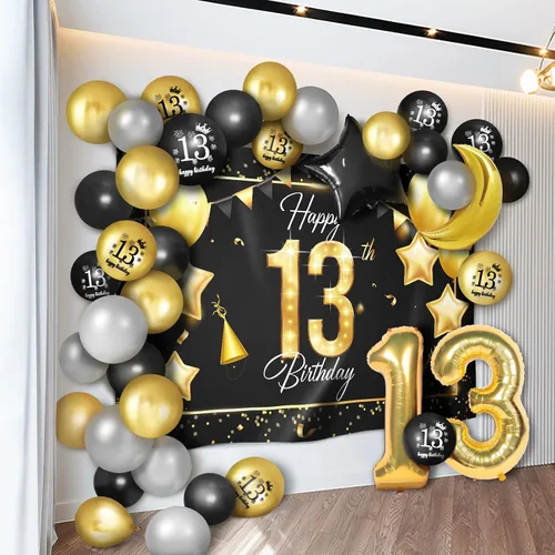 Vista 11 de Juego de globos dorados de feliz cumpleaños número 10 – Saludos a los 10 años de edad, guirnalda temática de fiesta con estrellas y luna, decoración