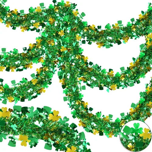Vista 8 de Guirnalda decorativa de 33 pies para el día de San Patricio, guirnalda de oropel con sombrero de trébol verde dorado, guirnalda metálica brillante