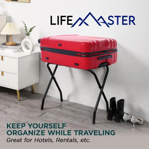 Vista 7 de Lifemaster Portaequipajes de metal – Paquete de 4 soportes plegables, fáciles de montar, ahorro de espacio y elegante marco de acero para maletas