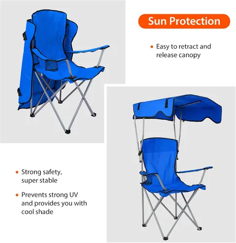 Vista 4 de Silla plegable con toldo de playa, sillas de campamento con sombra, protección solar resistente, silla de césped con soporte para tazas