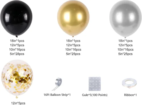 Vista 5 de Kit de guirnalda de arco de globos de Año Nuevo, suministros para fiesta de Año Nuevo 2025, globos negros, dorados y plateados, globos de confeti