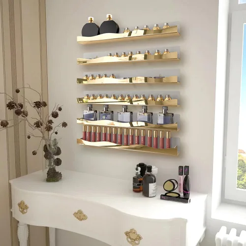Vista 6 de YMVV Estantes de esmalte de uñas montados en la pared, estante organizador de esmalte de uñas con acabado de espejo dorado de 5 pulgadas, estante