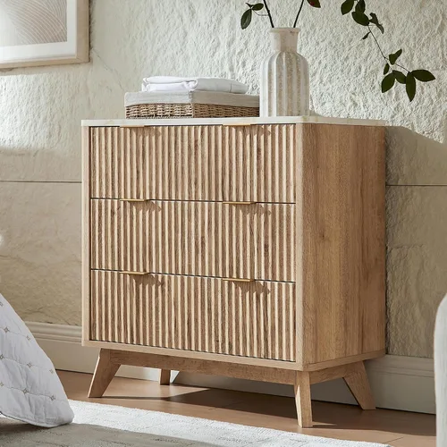 Vista 8 de T4TREAM Cómoda acanalada de 3 cajones de 32 pulgadas para dormitorio, aliso Aliso Oscuro