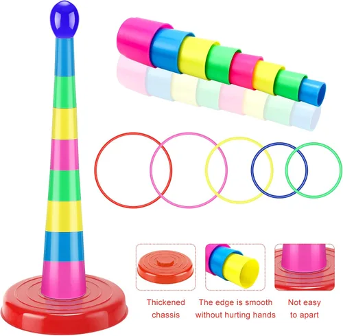 Vista 2 de Zubebe 18 Inch Plastic Ring Toss Game for Kids Colorful Tossing and Active Play Set Travel Ring Toss Quoits Toy Portable Carnival Games Indoor