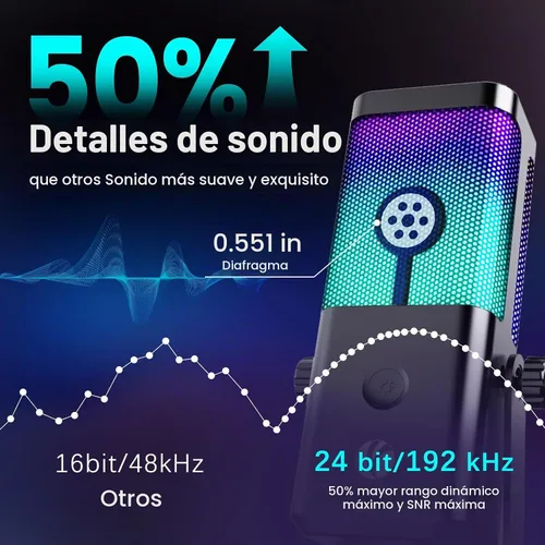 Vista 3 de VCOM - Micrófono USB para PC, micrófono RGB para juegos con botón de silencio, control de ganancia, conector de auriculares de monitoreo de 3.5 mm