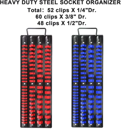 Vista 3 de CASOMAN Bandeja organizadora portátil de 80 piezas, juego de 2 piezas, azul y rojo, 1/4 pulgadas, 3/8 pulgadas, 1/2 pulgadas, organizador