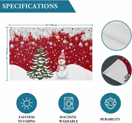 Vista 5 de Juego de 6 manteles individuales de Navidad, árbol de Navidad, muñeco de nieve, copos de nieve, agujas de pino, manteles individuales rojos