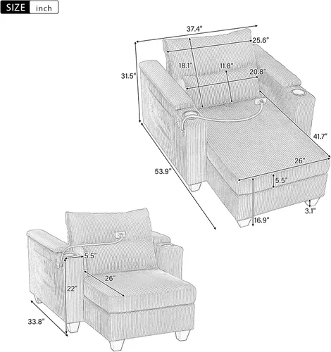 Vista 2 de ERYE Tumbona versátil de 37.4 pulgadas, sofá convertible flexible con brazos de almacenamiento, puertos USB y portavasos, tumbona reclinable