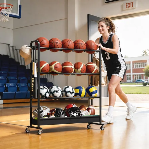 Vista 2 de Estante de baloncesto ajustable con ruedas, carrito de almacenamiento de pelotas deportivas de 4 niveles para baloncesto, fútbol, voleibol, fútbol