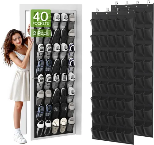 Vista 13 de Organizador de zapatos colgante sobre la puerta con 40 bolsillos grandes de malla transpirable, soporte de zapatos que ahorra espacio, estante