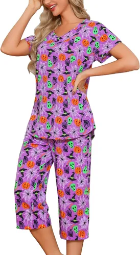 Vista 32 de ENJOYNIGHT Conjuntos de pijama de algodón para mujer, pijamas de verano con pantalones capri, ropa de dormir Gato negro