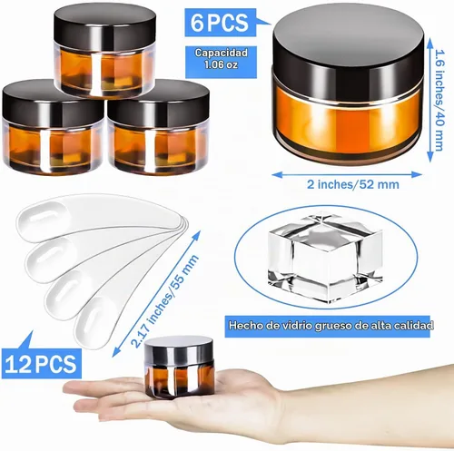 Vista 2 de 6 Pack de tarros de vidrio ámbar de 1 oz con tapas, tarros pequeños de vidrio de 1 onza con tapas y forros interiores, tarros redondos transparentes