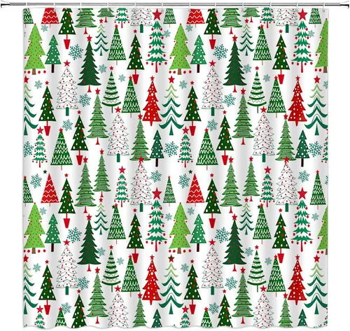 Vista 28 de GCTNBJL Cortina de ducha navideña para RV, diseño de árbol de pino, copo de nieve, estrella, bosque, vacaciones de invierno, naturaleza rústica