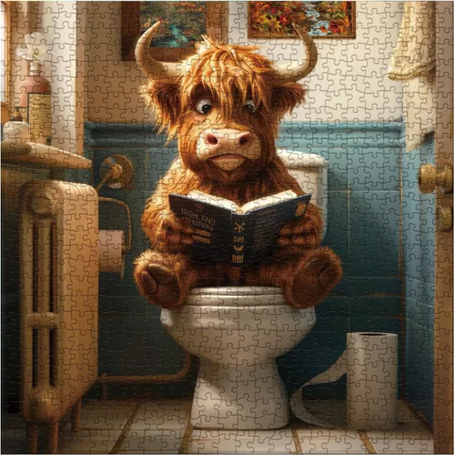 Vista 2 de Divertido rompecabezas de vaca Highland para adultos de 1000 piezas, lindo rompecabezas de animales con vaca leyendo un libro, rompecabezas de papel