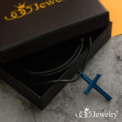 Vista 7 de 555Jewelry - Collar con dije de cruz de acero inoxidable ajustable con cordón negro Azul
