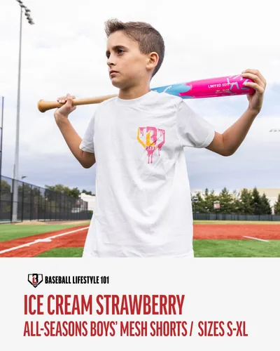 Vista 2 de Baseball Lifestyle 101 Ice Cream - Pantalones cortos de malla para jóvenes, fresa, entrepierna de 5 pulgadas, bolsillos laterales, cintura elástica