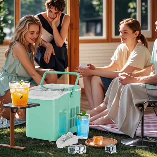 Vista 5 de NEWBULIG Encimera para hacer hielo con asa, máquina de hielo portátil, 9 cubos de bala en 6 minutos, 26 libras en 24 horas, limpieza automática