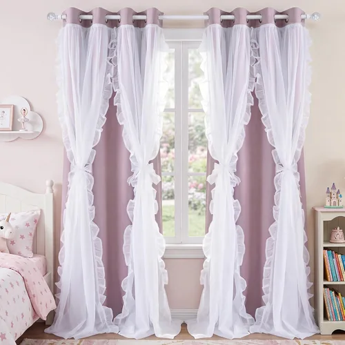 Vista 43 de PONY DANCE Cortinas con Volantes de Doble Capa con Superposición Transparente, Decoración Elegante para Ventanas de Diseño Rústico Francés de Campo