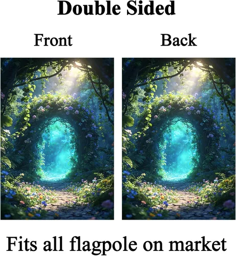 Vista 2 de Bandera de paisaje de fantasía, cuento de hadas, bosque, flores, puerta, jardín, patio, 12 x 18 pulgadas, poliéster de doble cara, bandera